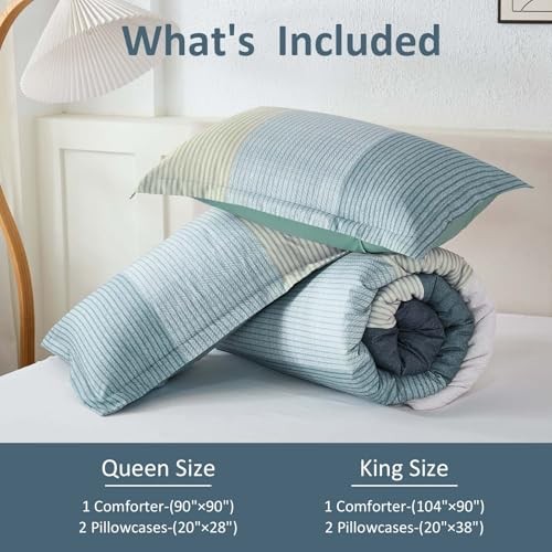 Comforter Set Size, Blue Striped Patchwork Comforter for Bed,3 King Dusty Blue