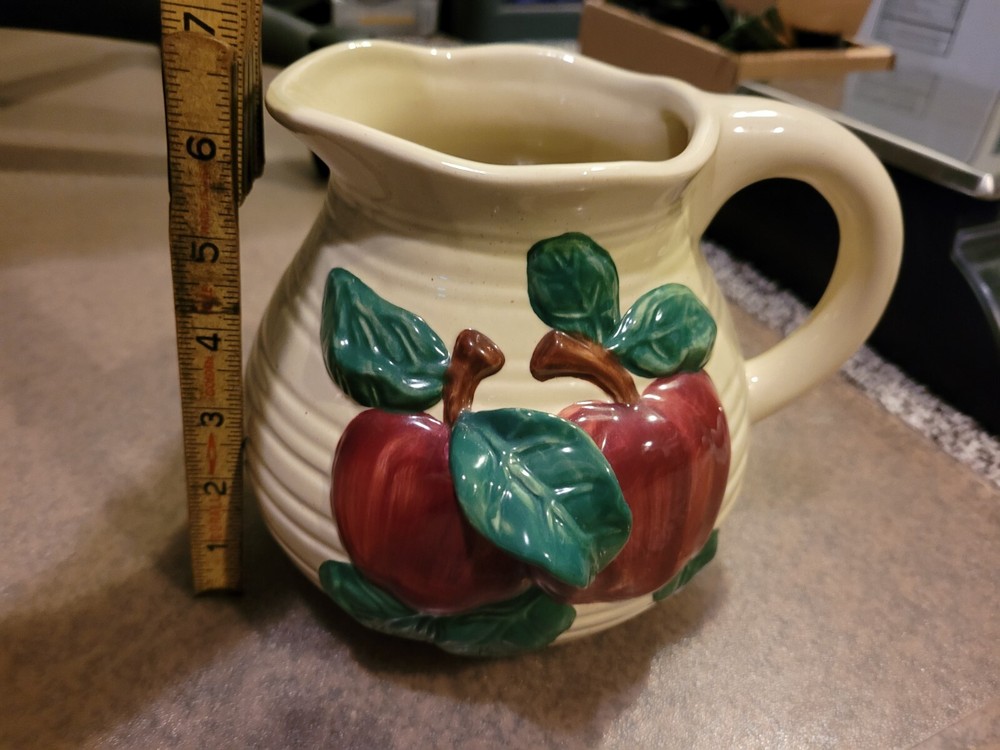 3D Apple Design Stoneware Pitcher With Handle Beige Apple Embossed