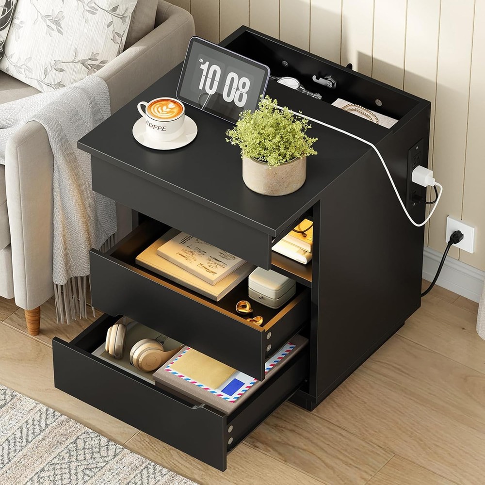 HOOBRO Nightstand with Charging Station LED Bedside Table