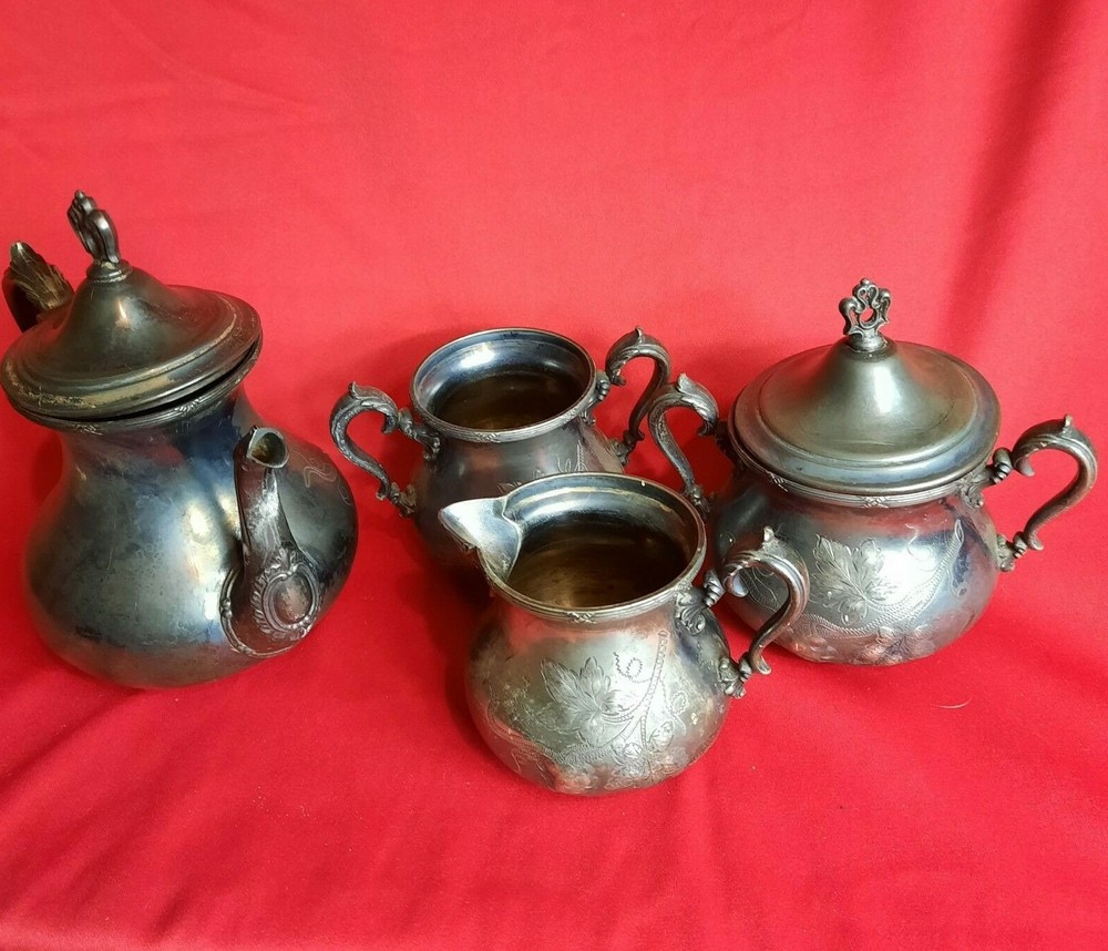 Quadruple Plate, Embossed, Antique Webster Tea Set (Set of 4)