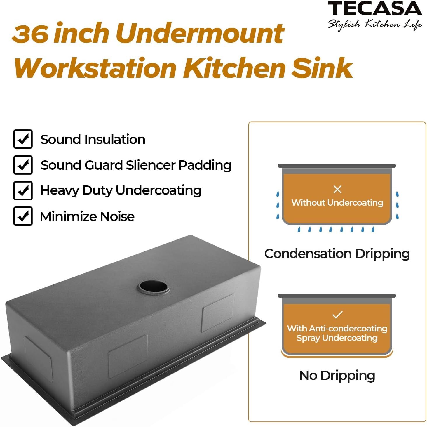 TECASA 36'' Workstation Kitchen Sink Stainless Steel Single Bowl 16 Gauge - USED