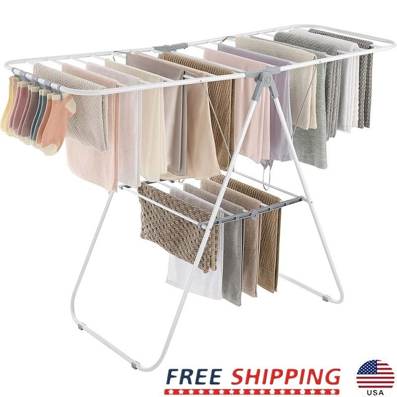 Adjustable Foldable Clothes Drying Rack 24 Rods 27 Clips Heavy Duty Rustproof US