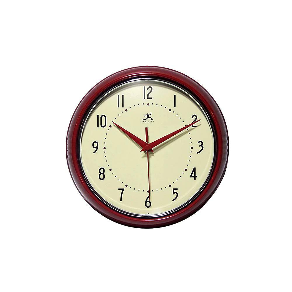Infinity Instruments Retro Wall Clock Red Metal Quartz Movement Chrome Trim Ring