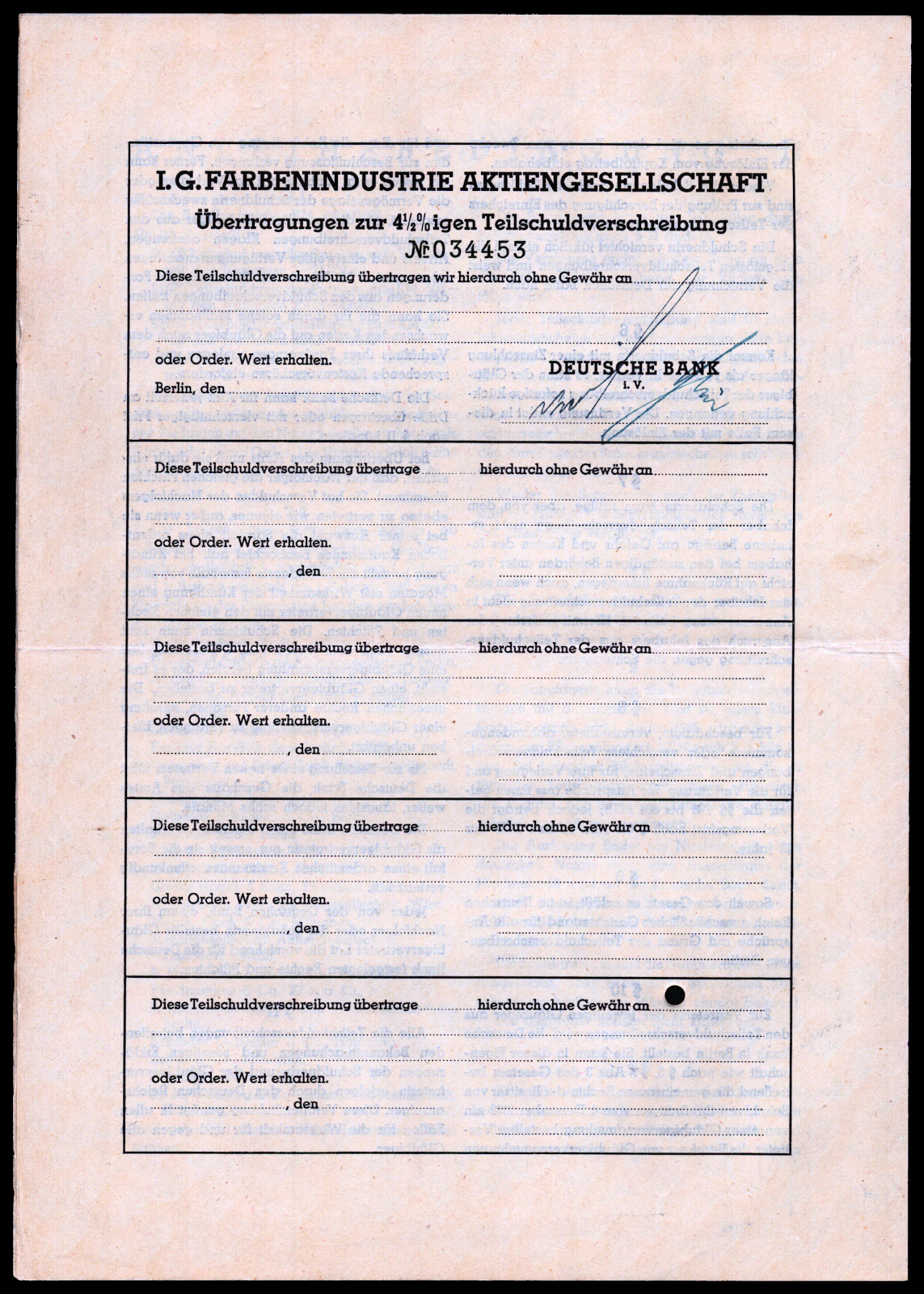 1939 Third Reich IG Farben (of Zyklon B Infamy) 500 Reichsmark Bond VF+