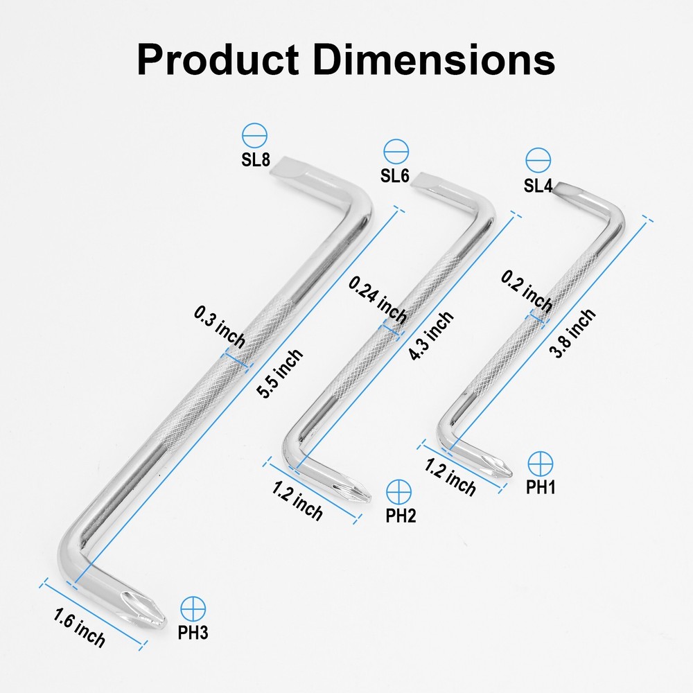 3 Pcs Offset Screwdriver Set Right Angle Phillips Screw Driver, Flat Head