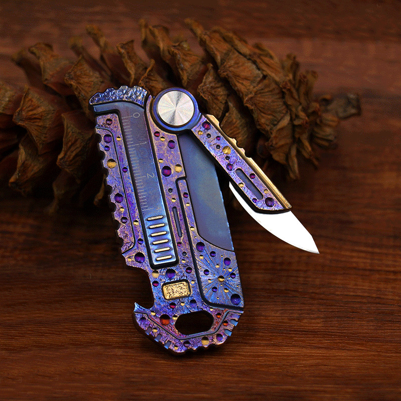 EDC Titanium Key Chain Multi Tools Card Bottle Opener Folding Knife Simple Ruler