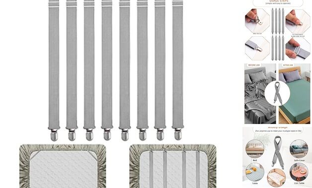 8Pcs Adjustable Bed Sheet Straps Clips, Elastic Mattress Sheet 8pcs Grey