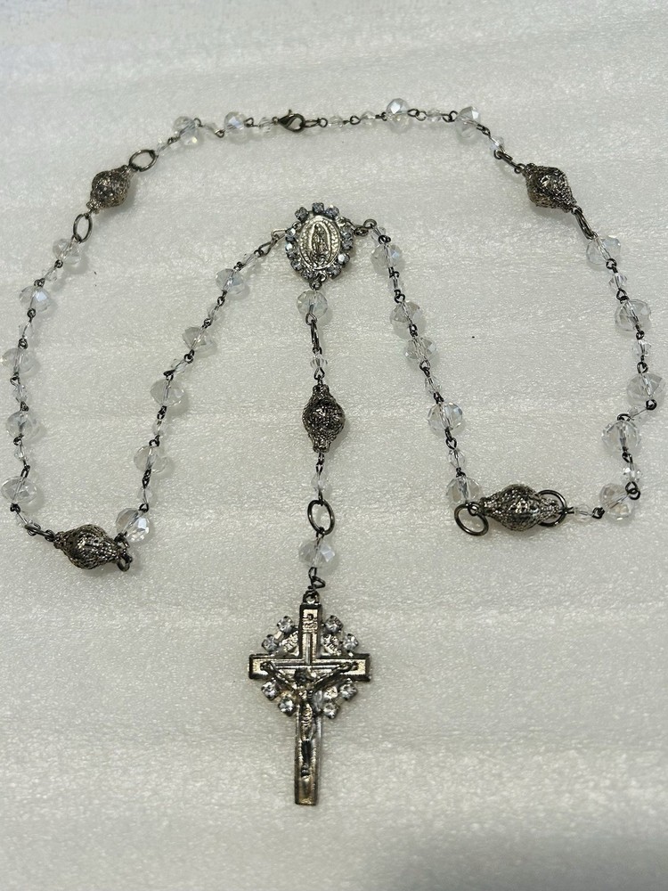 Rosary Crystals 5 Decade Filigree Beads Pronged Necklace Catholic Wire Works