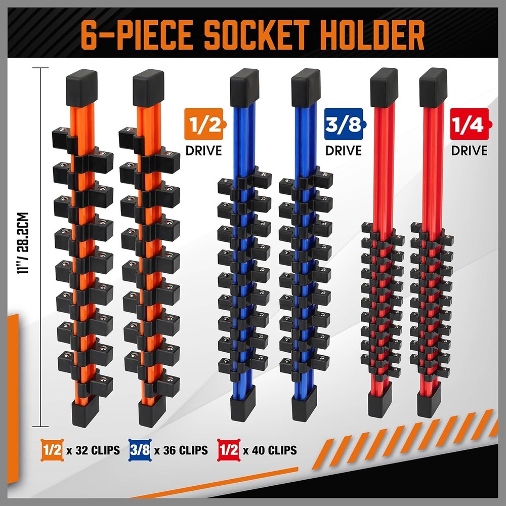 6PC Double Sided Socket Organizer Holders 1/4" 3/8" 1/2" Portable / Wall-mounted