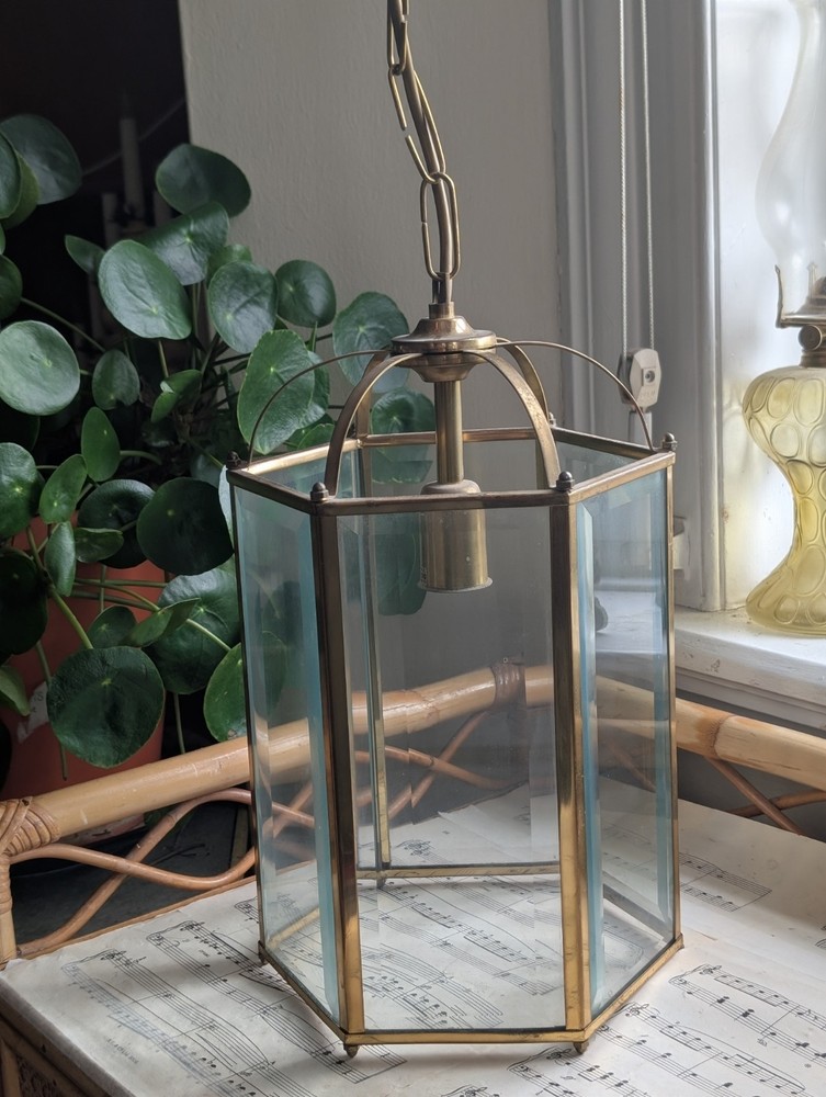 Vintage Lantern Chandelier Ceiling Lantern Light Brass Glass Hexagonal
