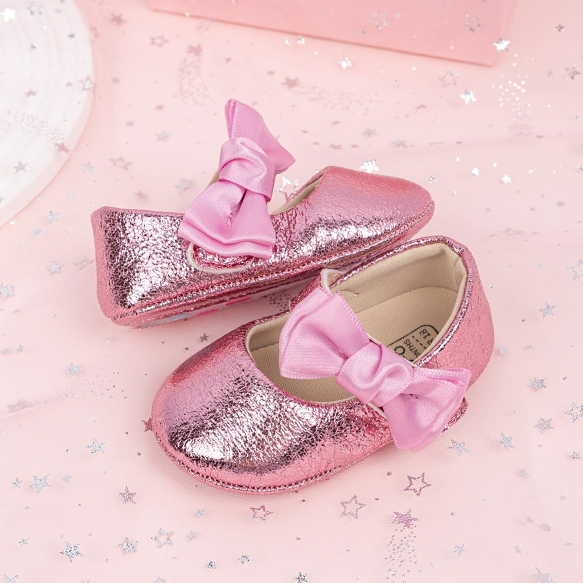 Baby Girls Mary Jane Flats Non-Slip Bowknot Crib Shoes (HM5313 Gold,12)