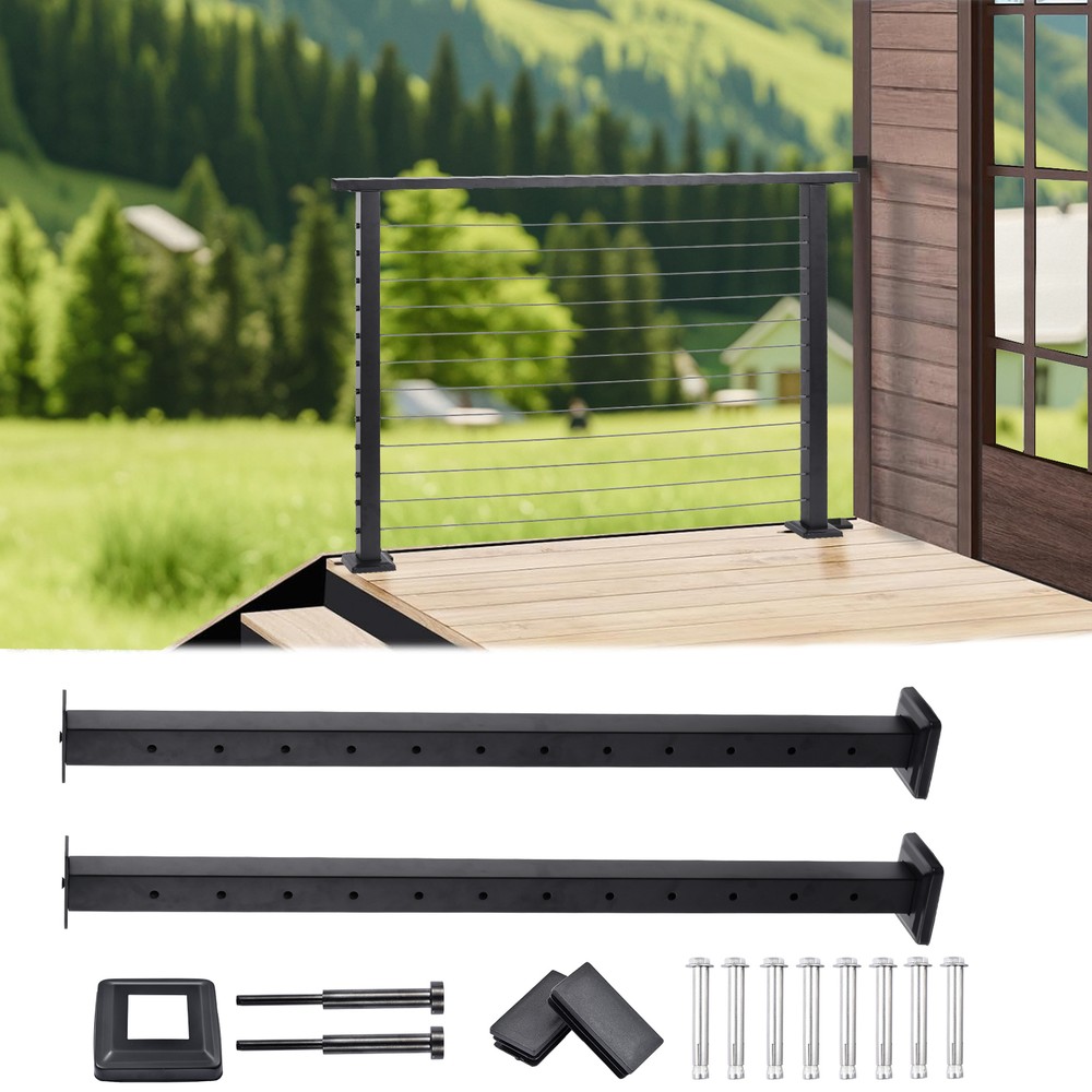 2PCS Cable Railing Post Deck Railing 42"x2"x2" Black Post with Pre-Drilled Holes