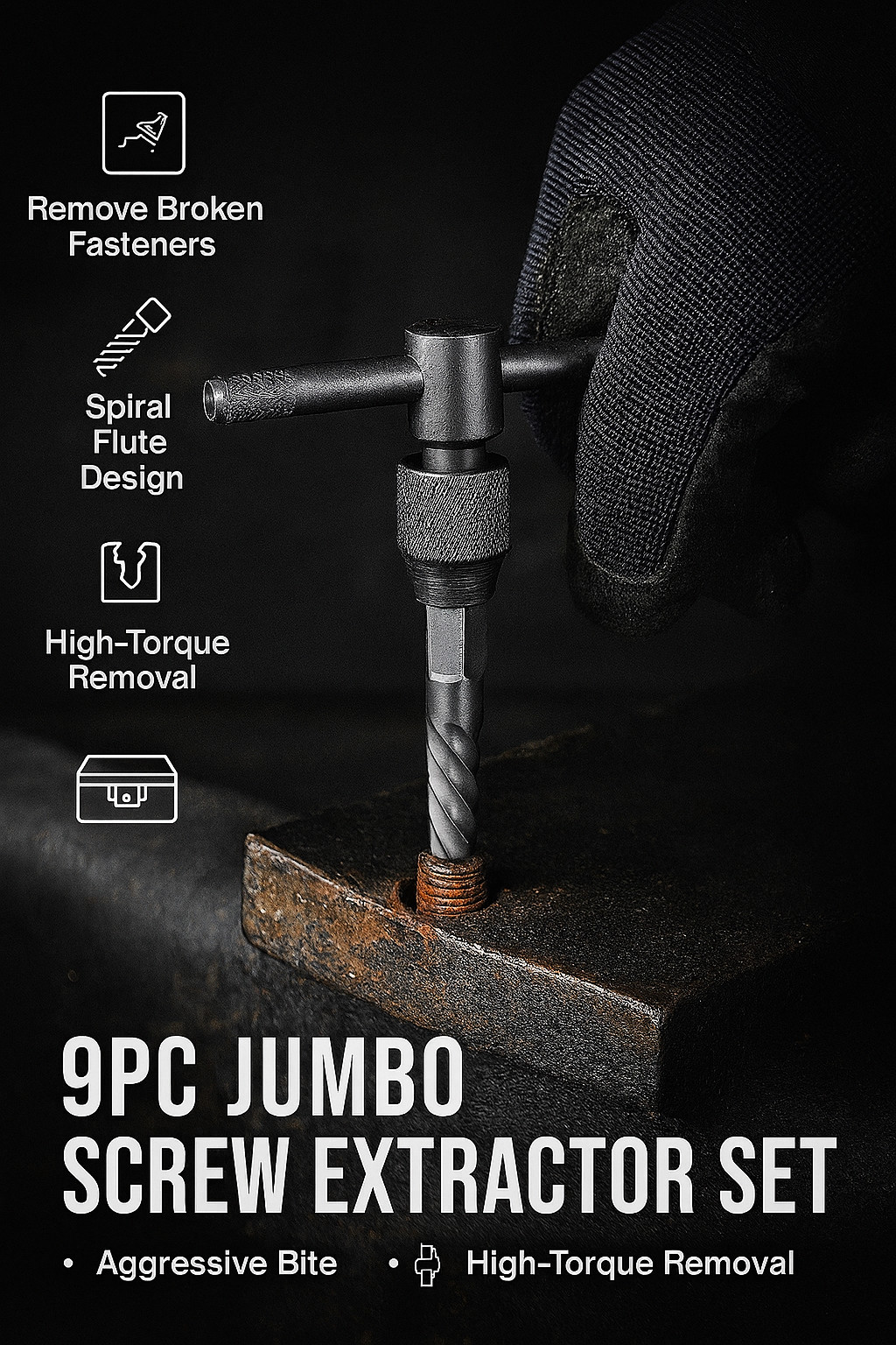 9PC Jumbo Screw Extractor Set | Spiral Fluted Broken Bolt Remover Manual Drive