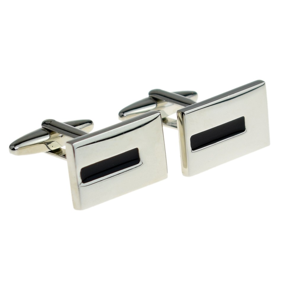 Rectangular Chrome Cufflinks with Black Detail Presented in a Box X2F008