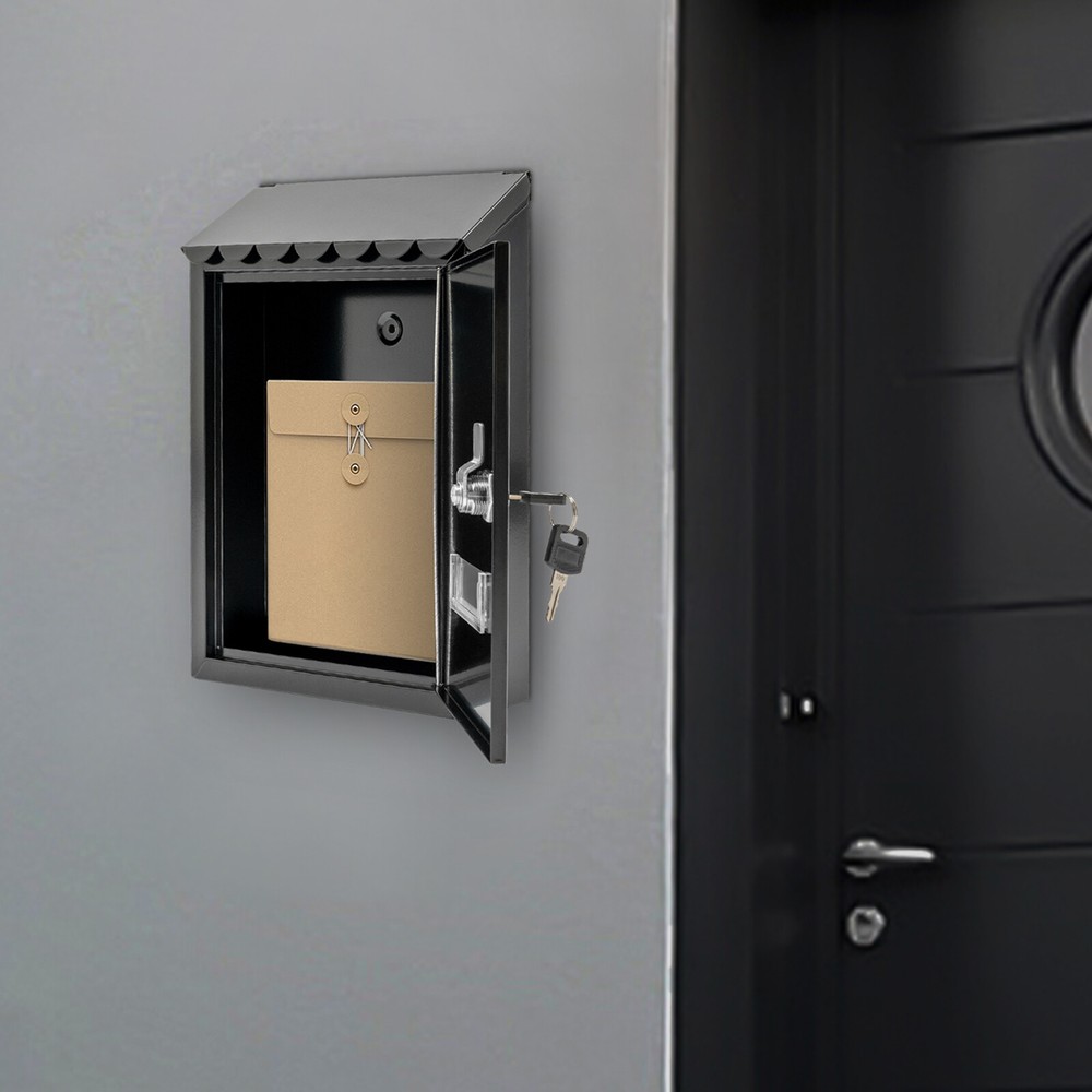 Wall Mount Rectangular Locking Mailbox W/ 2 Keys Black Residential Mail Box