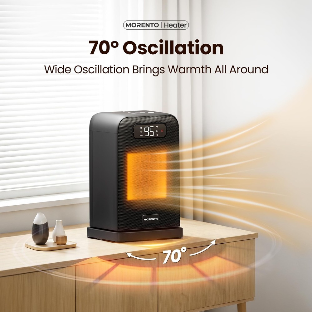 MORENTO Space Heater, 70° Oscillation, LED Display, 12H Timer, Thermostat,