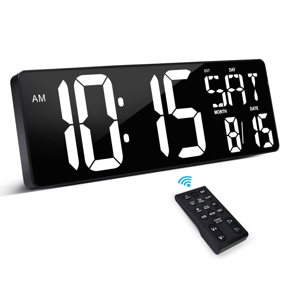 XREXS Large Digital Wall Clock with Remote Control, 17.2 Inch Large, White