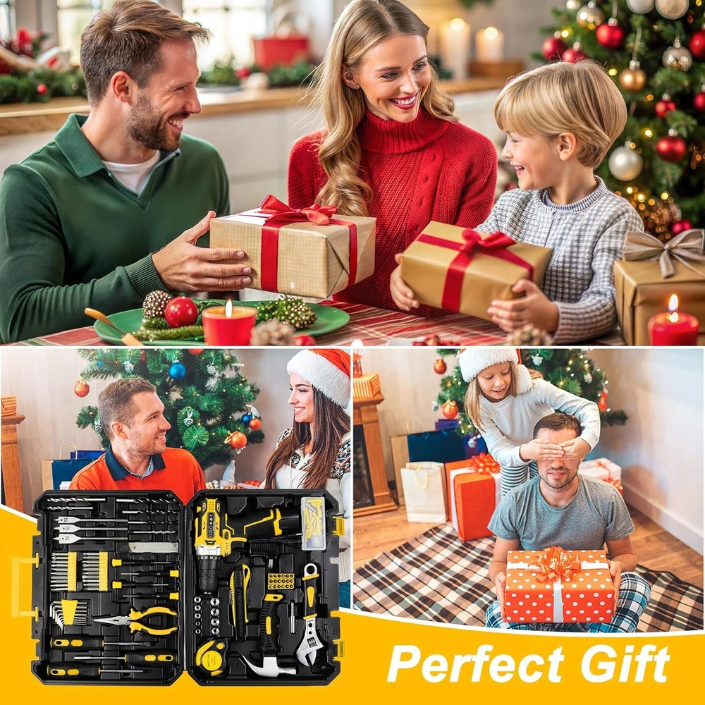 Complete Home Tool Kit with 12V Cordless Drill Magnetic Bits for DIY Repairs