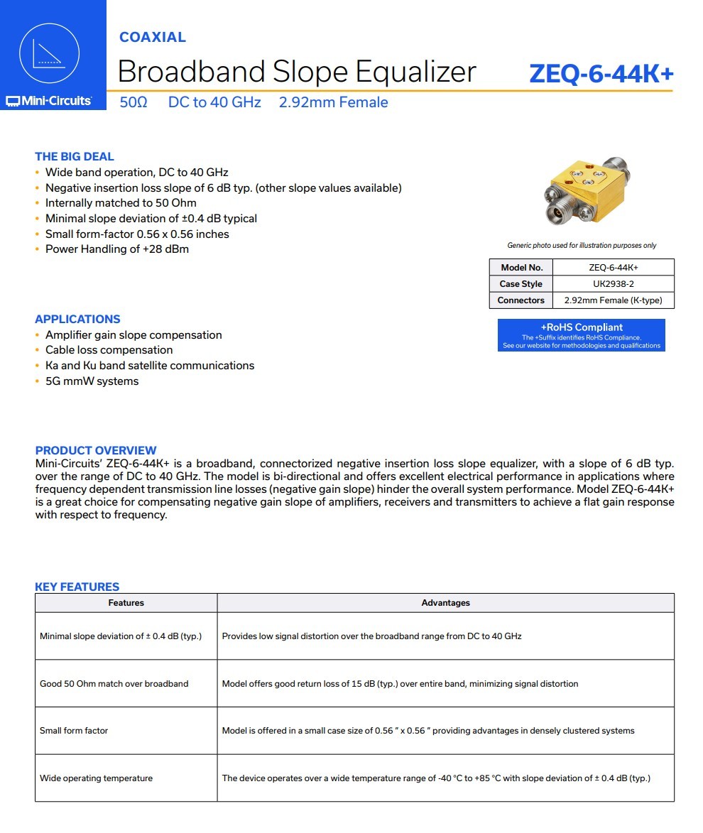 Mini-Circuit ZEQ-6-44K+ DC to 40 GHz Broadband Slope Equalizer 2.92 mm Female