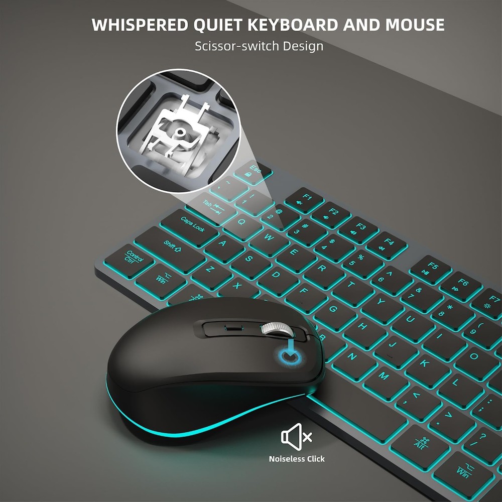 Quiet Wireless Keyboard and Mouse Backlit, Rechargeable Silent Flat Keyboard ...