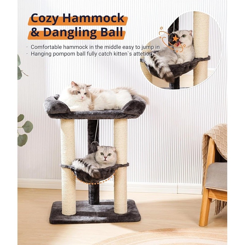 3 Level Cat Tree W/ Large Perch Scratching Posts Cozy Hammock All Cats New