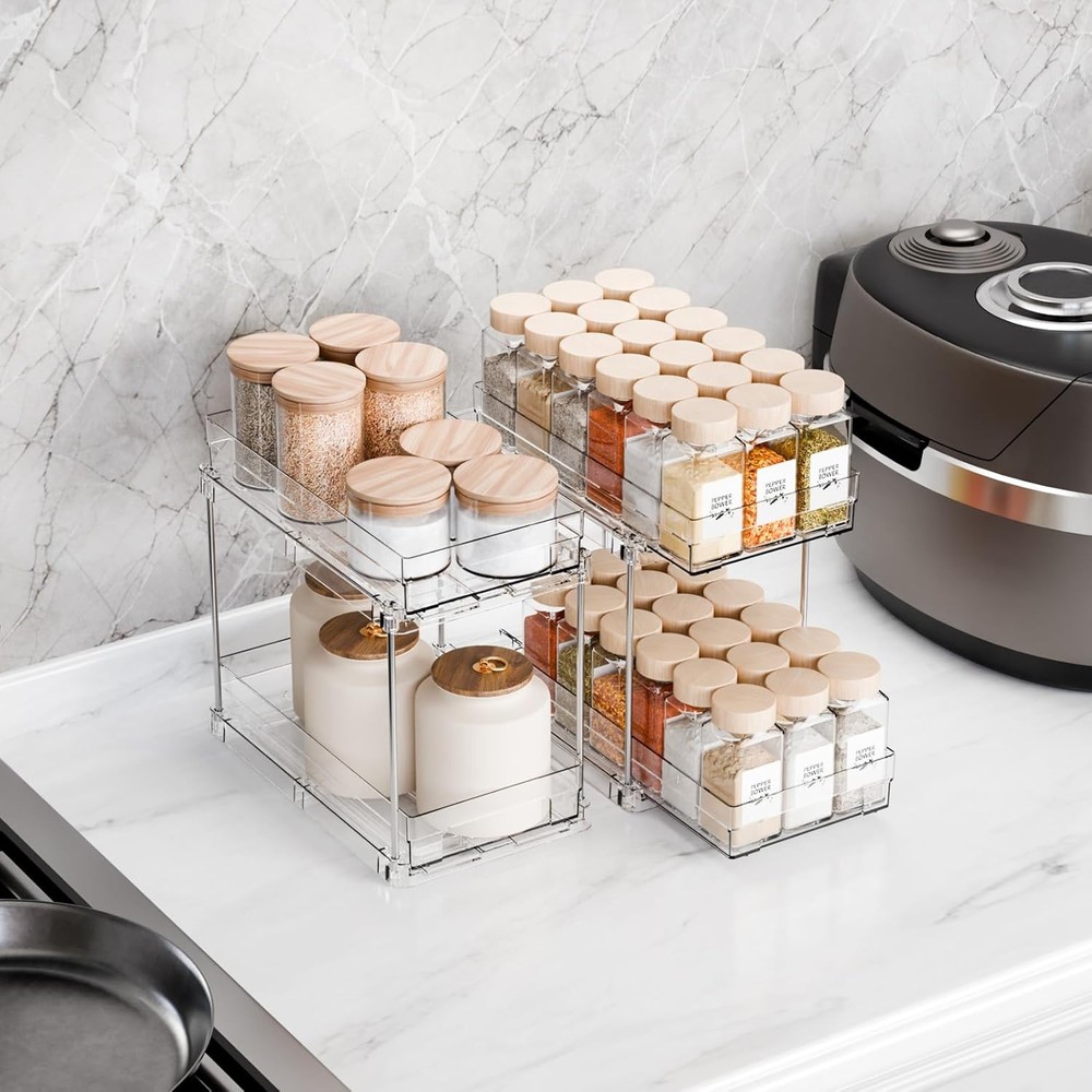 2 Pack 2 Tier Vertical Spice Rack Pull Out,10.4'' Deep Narrow Slide Out Spice