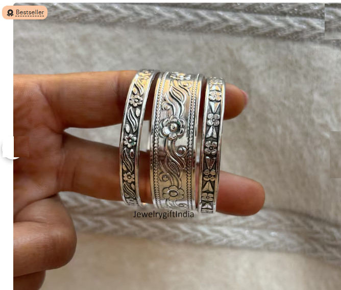 Sterling Silver Bangle Set: Western Indian Boho Stacking Handmade Bangles Si91