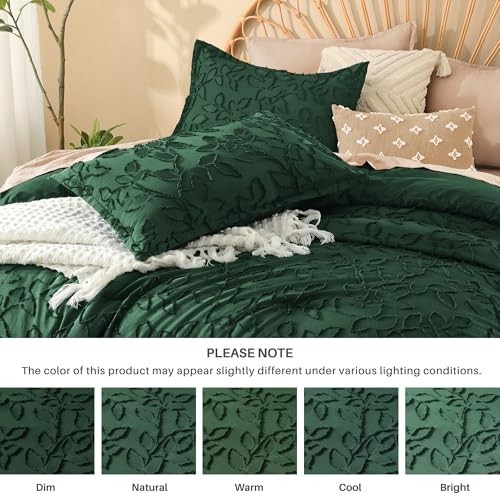 King Size Comforter Set, Emerald Green 3-Piece Boho Tufted Bedding, Fluffy Farmh