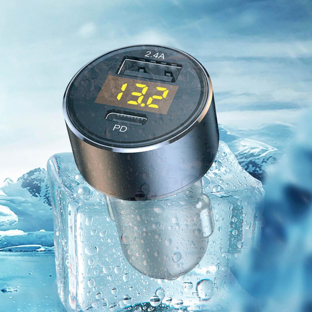 12/24V LED Digital Display USB Type-C PD Car Charger 18W 2.4A Cigarette Lighter