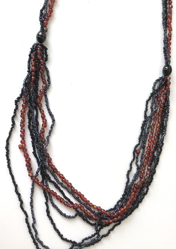 Red & Black Multiple Strand Necklace Seed Beads 35”