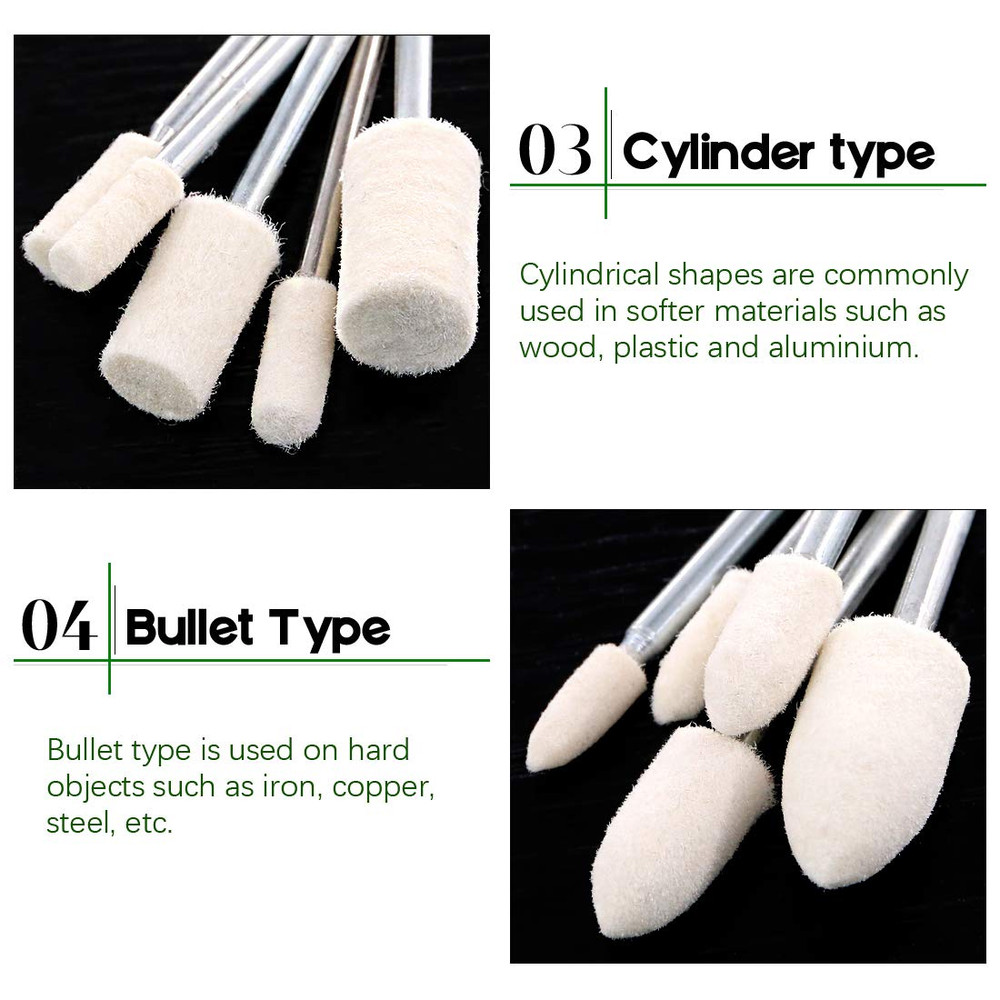 100Pcs Multifunctional Wool Felt Polishing Bits Mandrel Mounted Grinding Buffing