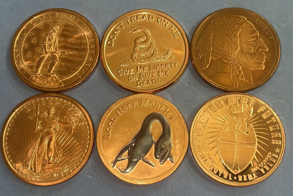 Six -1 OZ Assorted Copper Rounds .999 Fine Copper. Good For Copper Stackers.
