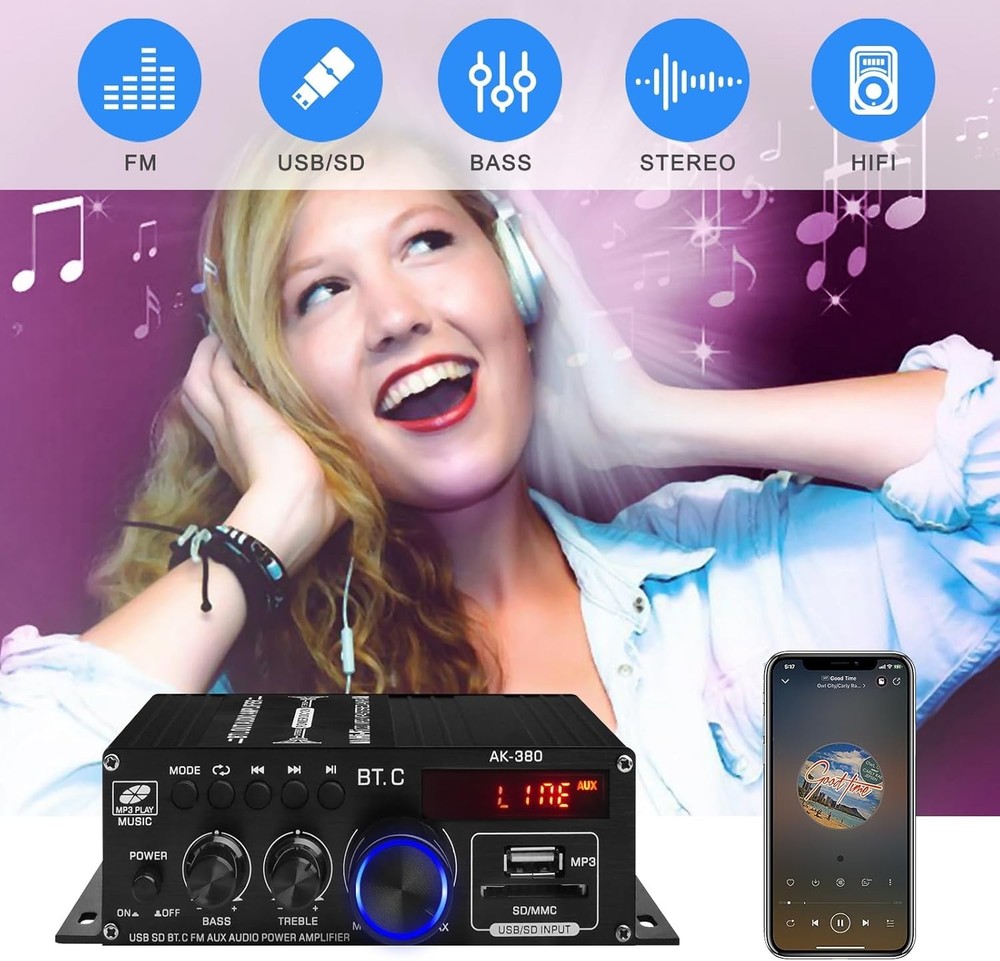 Powerful 2.0 CH AK-380 Bluetooth Amplifier with USB, AUX & Remote Control