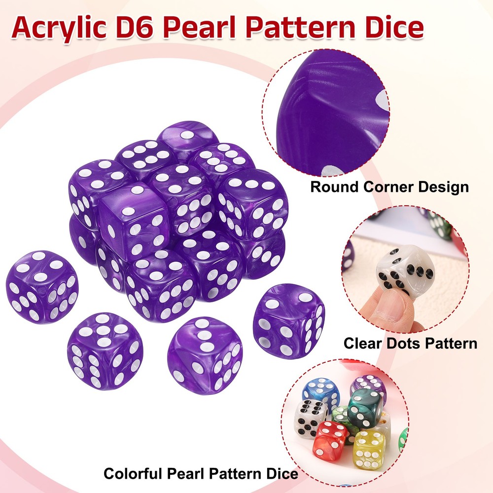 24 Dice D6 Purple Acrylic, 6 Sides, 24pcs, Pearl Pattern