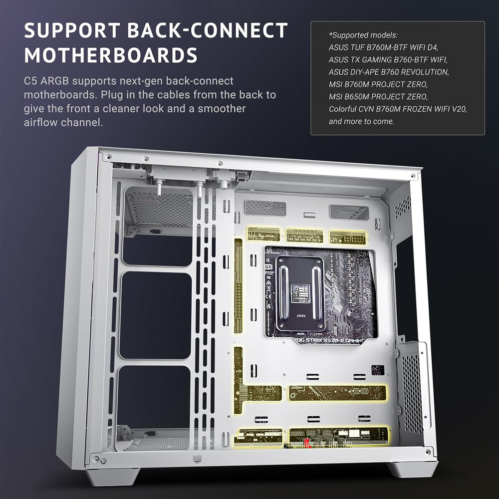 C5 ARGB White, Mid-Tower ATX PC Case, Seamless Tempered Glass Front & Side Panel