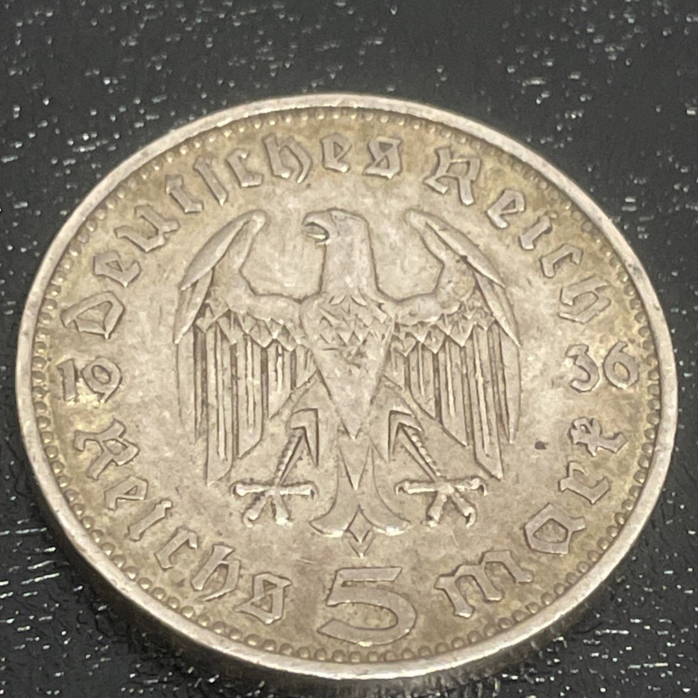 🧭 GERMANY THIRD REICH 5 REICHSMARK 1936f SILVER NICE TONING