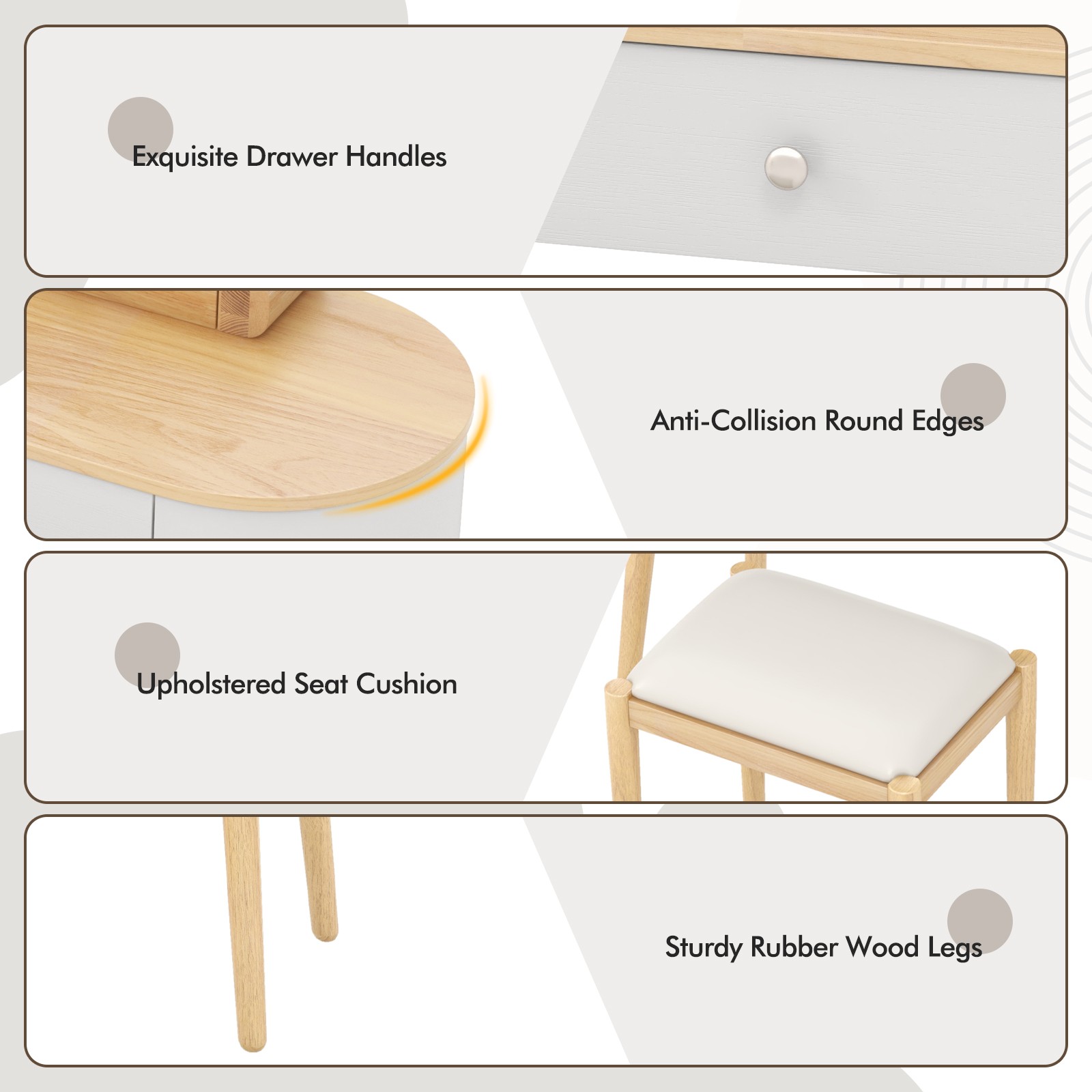 Solid Wood Makeup Vanity Desk Set w/LED Lighted Mirror, Drawers, Cushioned Stool