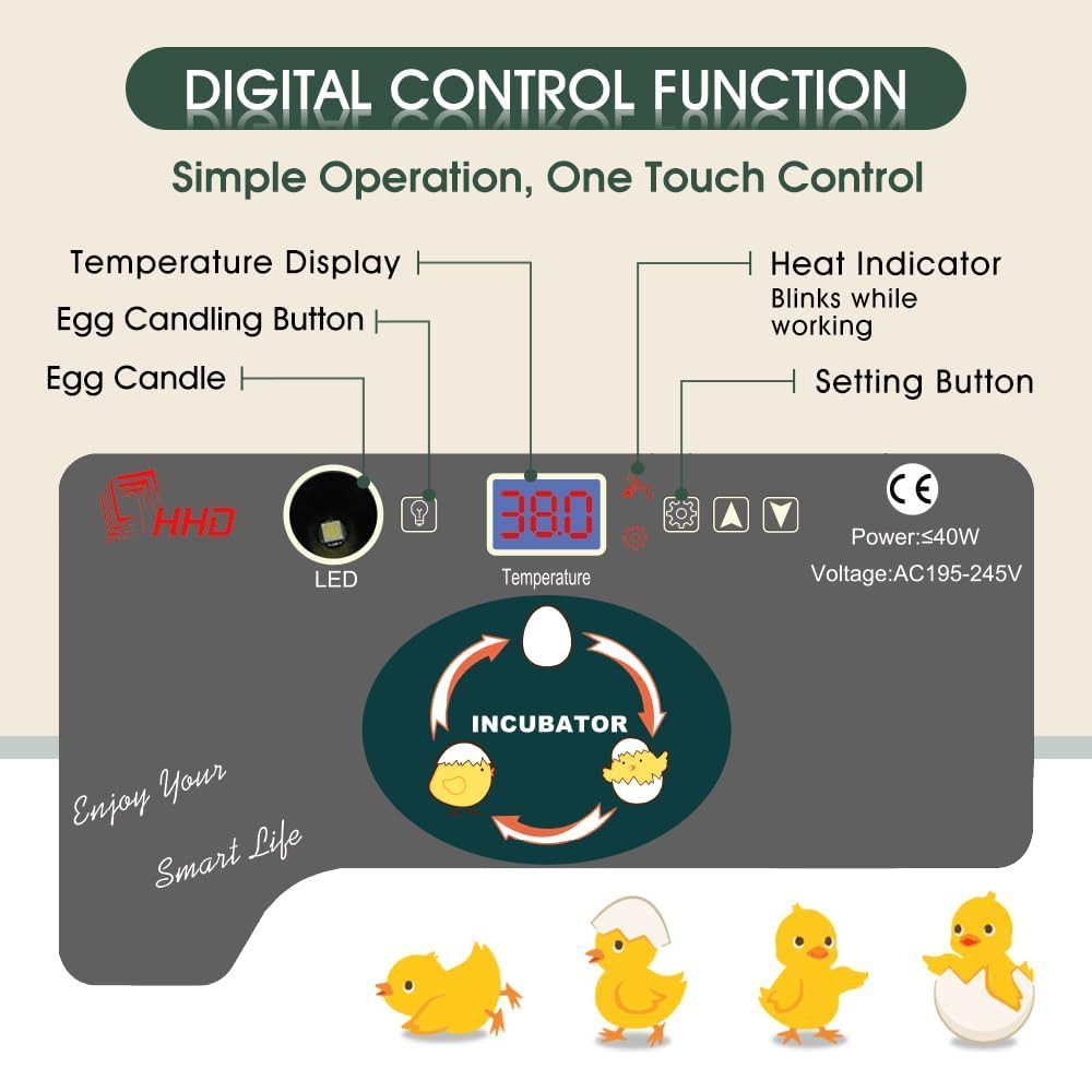 12 Egg Incubator - Automatic Egg Turner, Temperature Control, Built-In Candler,
