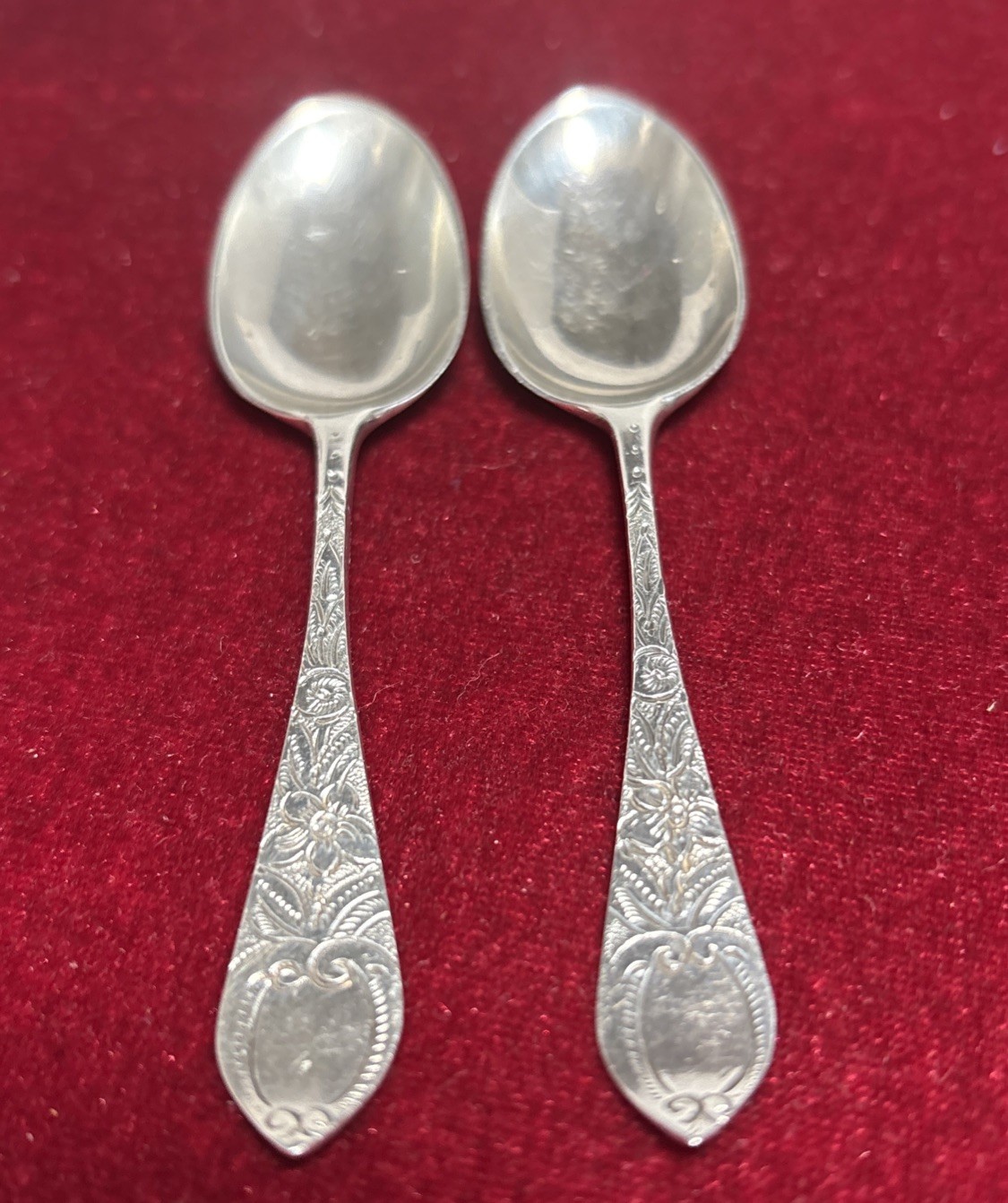 Set of 2, Sterling English Demitasse Spoons, 1895, 4”, 9.7, 9.3 g., Pattern ?