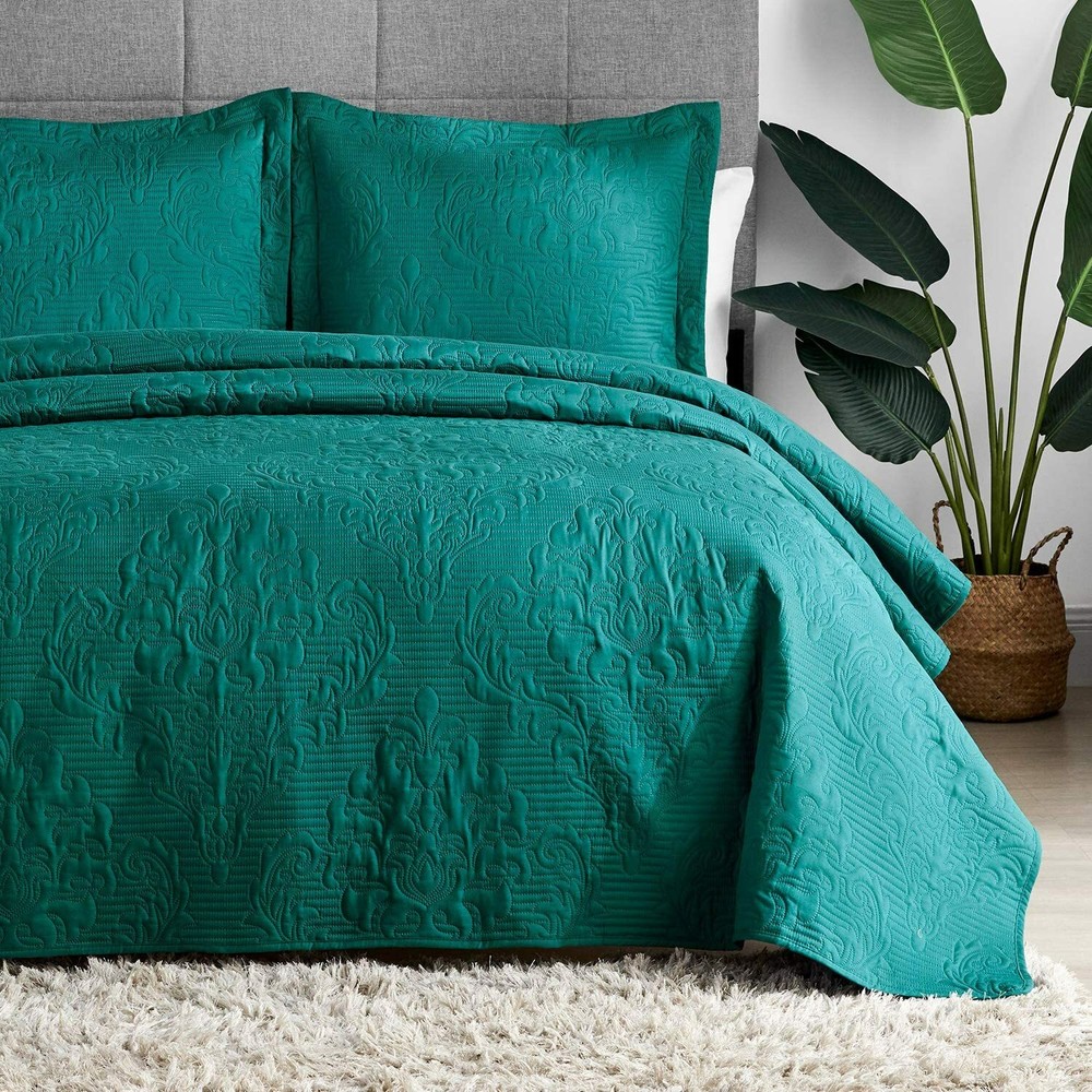 Twin Full Queen King Solid Teal Blue Embossed 3 pc Quilt Set Coverlet Bedding