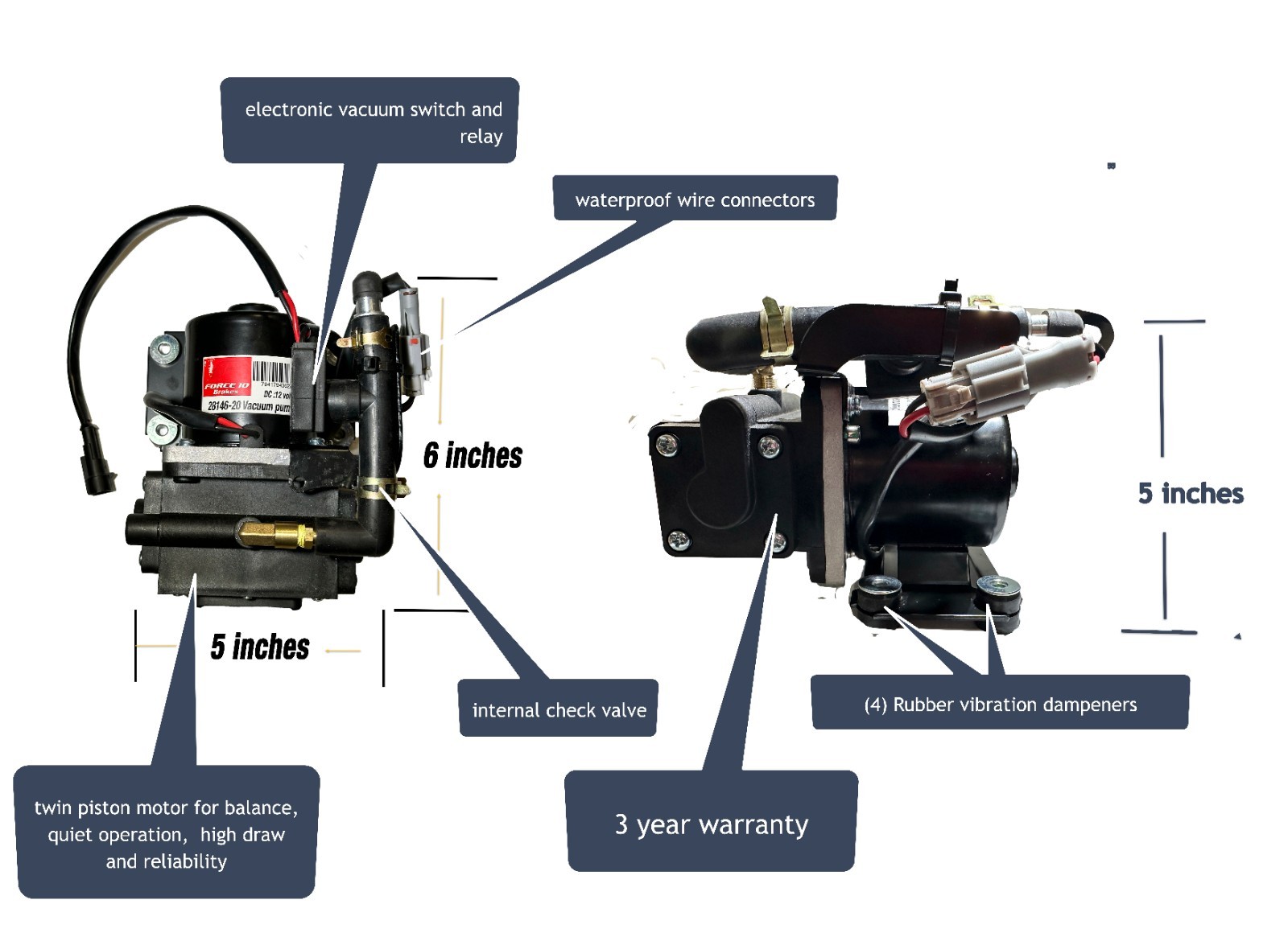 Brake Booster Vacuum Pump - High power Dual piston pump 12 V "Plug and Play"