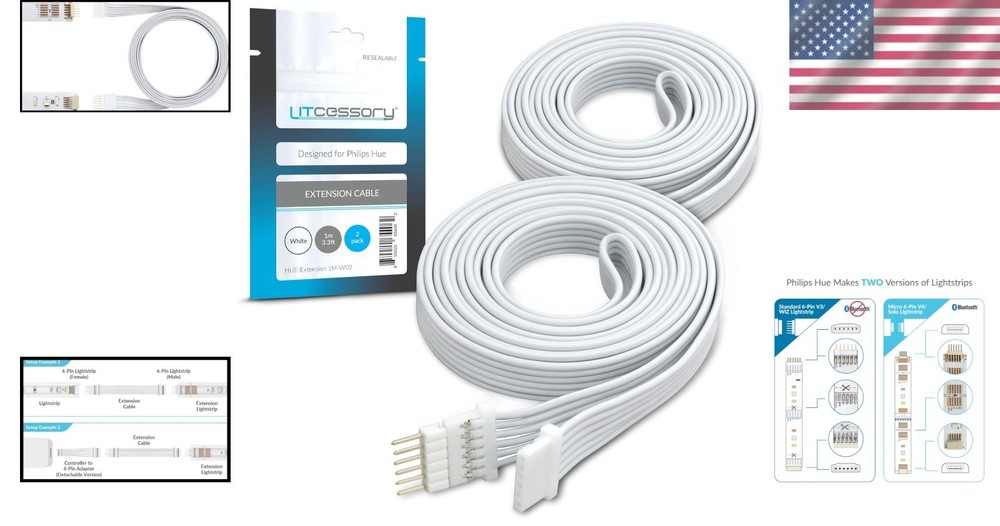 2-Pack Philips Hue 3.3ft Extension Cable - Micro 6-PIN Indoor Lighting Solution