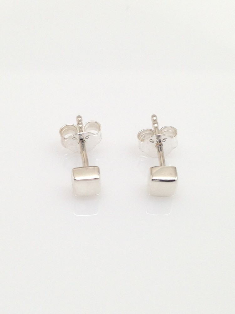 Solid Cube Stud Earrings 925 Sterling Silver Dainty Post Stud Mens Womens 3.5mm