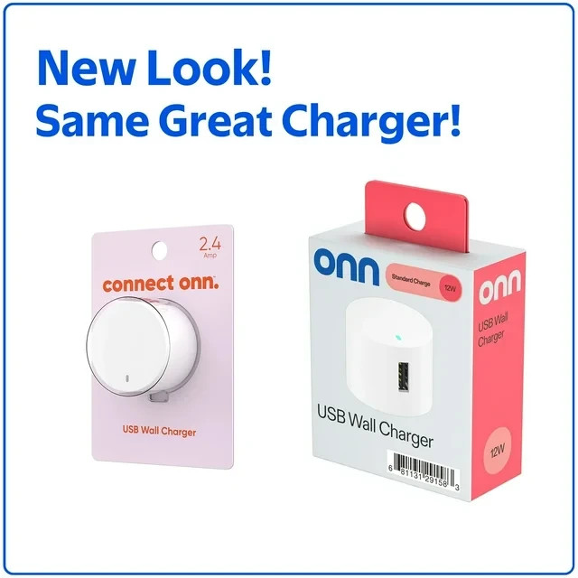 onn 12W USB-A Wall Charger, Foldable Plug, White, iPhone & Galaxy