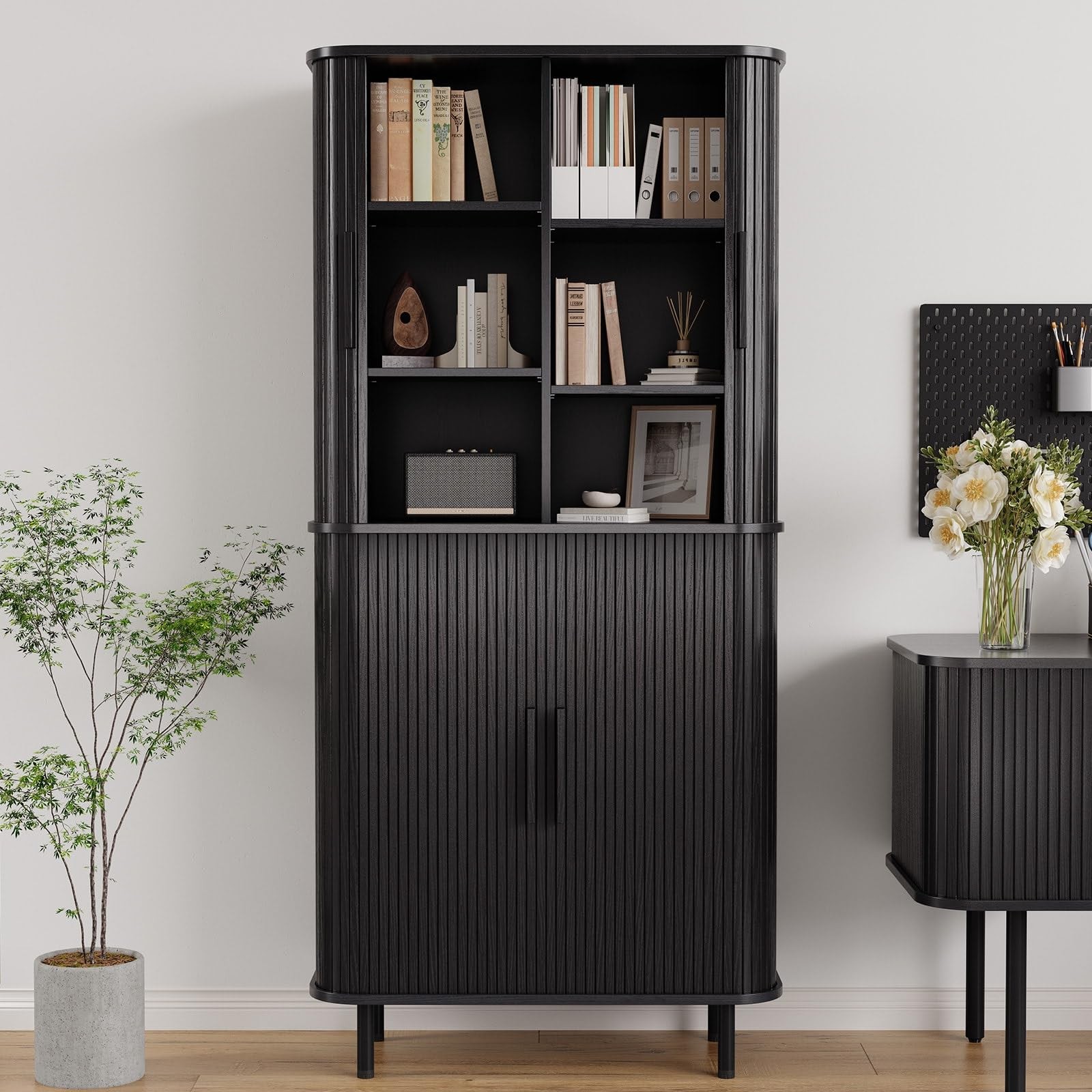 71" Fluted Kitchen Pantry Cabinet, Tall Storage Cabinet (Black)