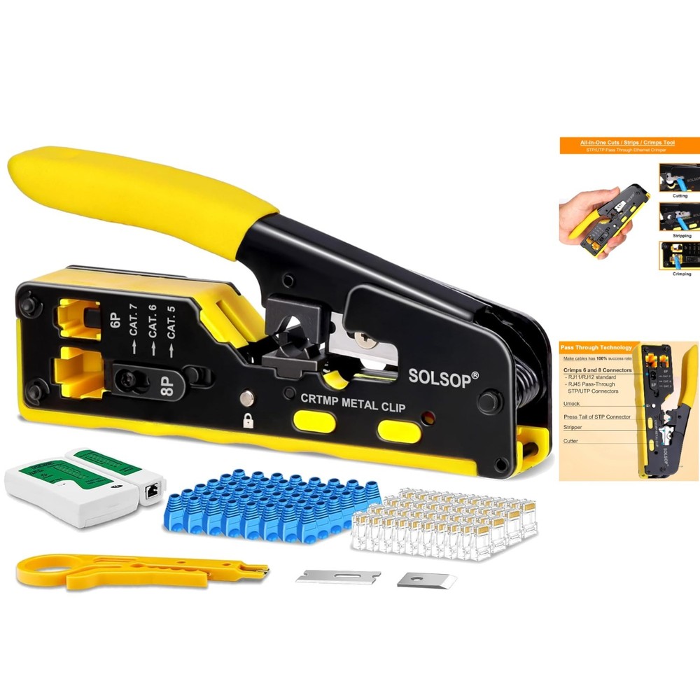 Multi-Functional RJ45 Crimper with Network Cable Tester & 50 Boots Included