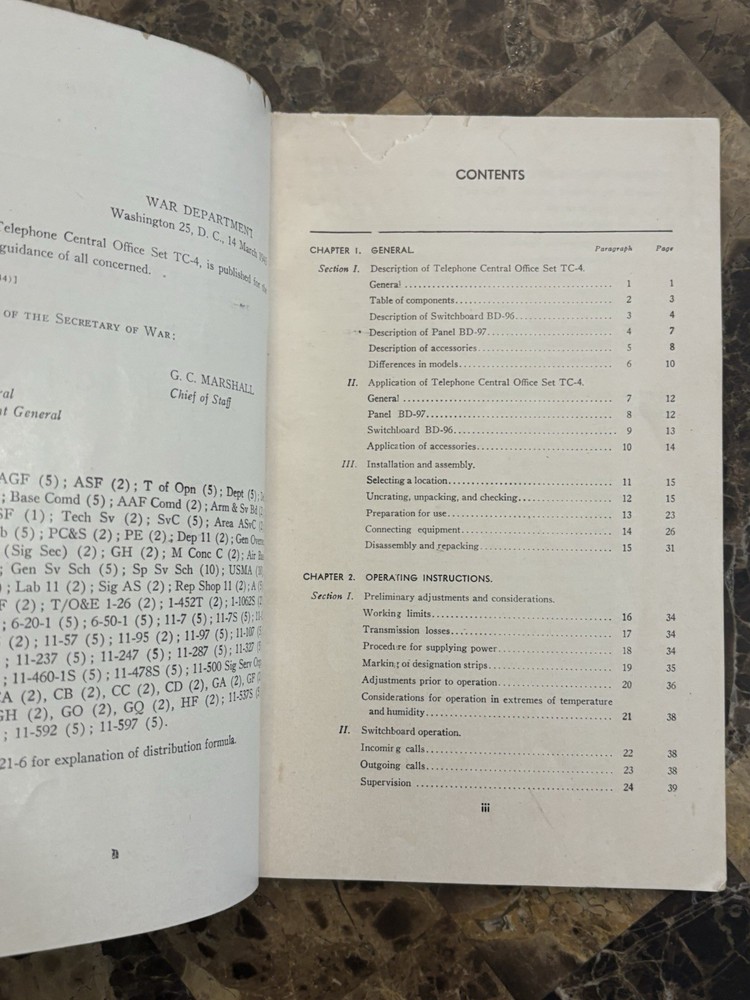 WWII WAR DEPARTMENT TECHNICAL GUIDE TELEPHONE CENTRAL OFFICE SET TC-4