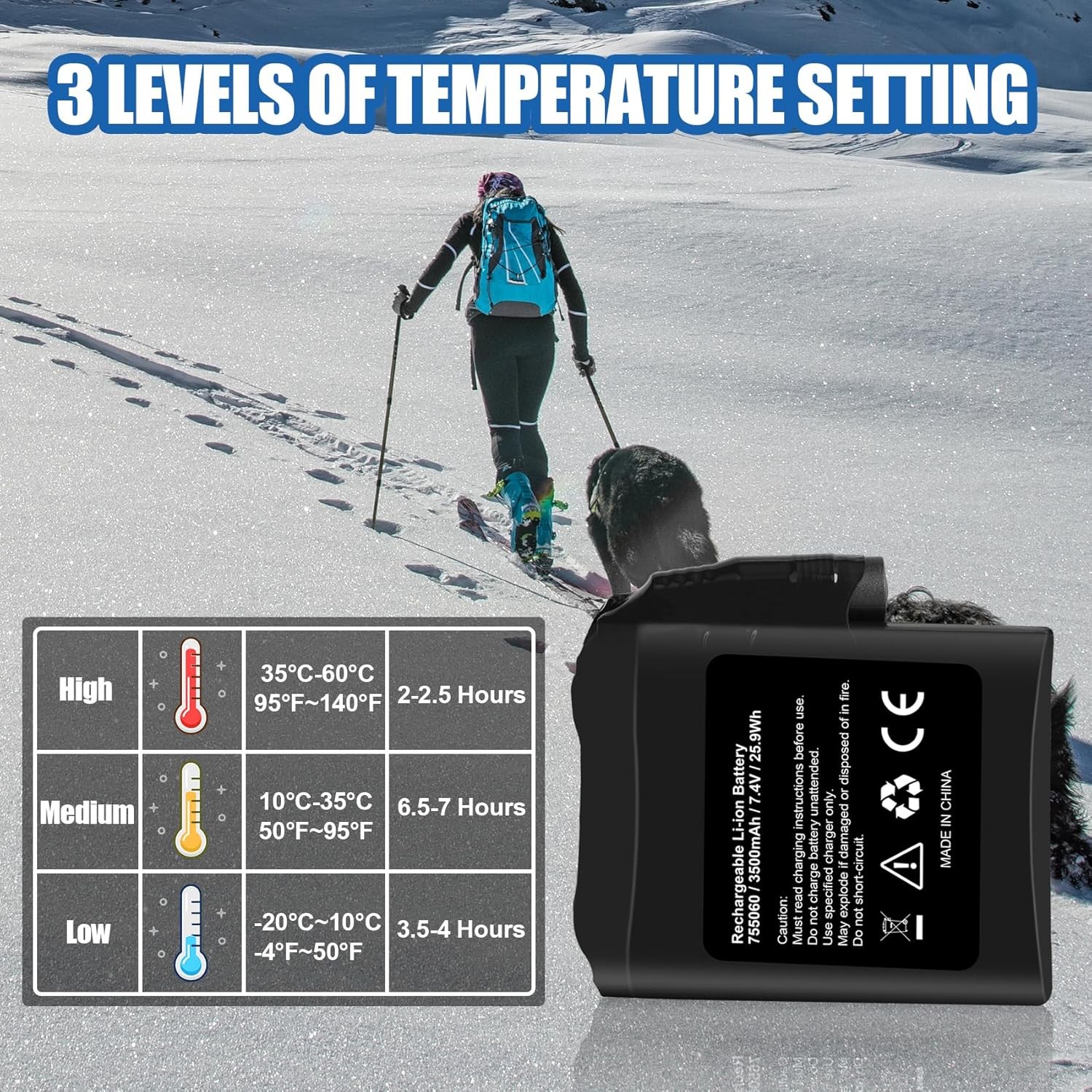 2PACK 7.4V 3500mAh Rechargeable Battery For Heated Gloves Heated Socks Hats