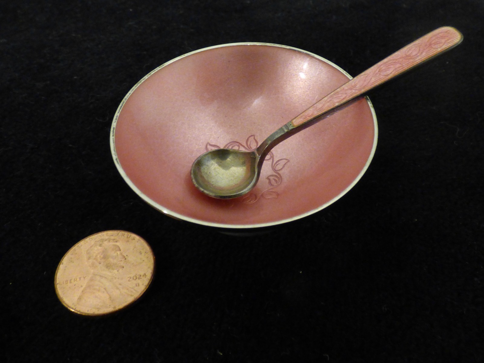 Antique Denmark Salt Cellar & Spoon & Pepper Shaker Sterling V.B. VB Pink Enamel