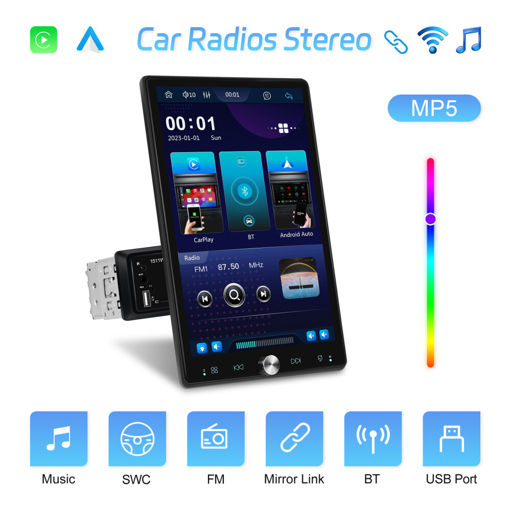 Single 1Din Touch Screen Car Radio Wireless Carplay Android auto Vertical+Camera